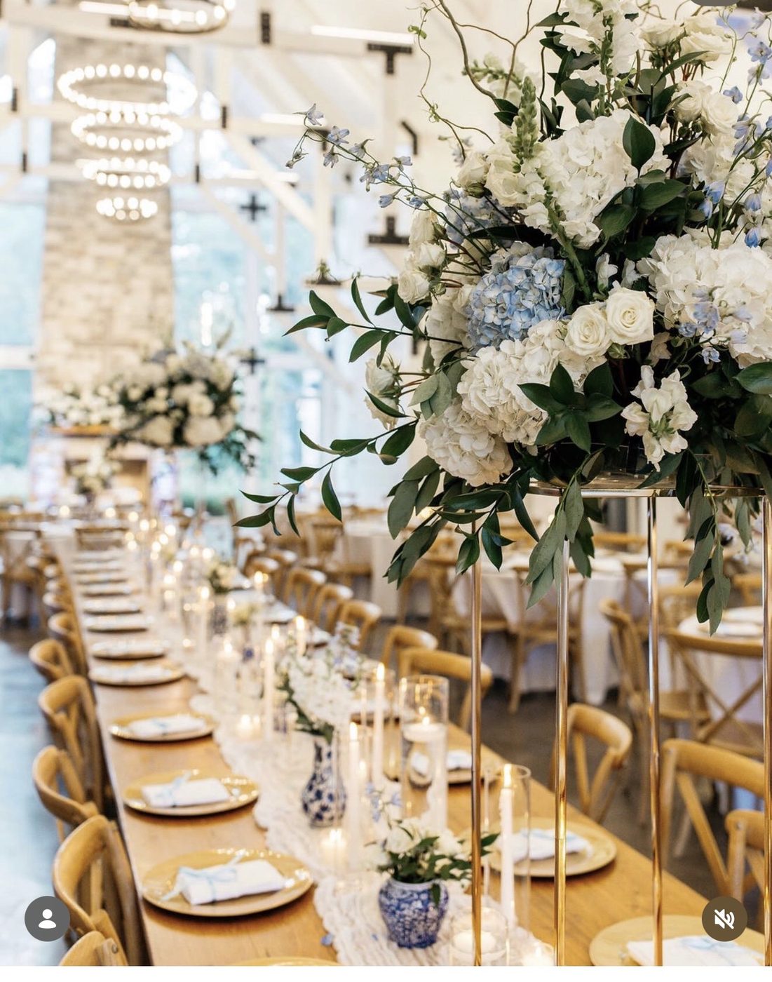 Blue and white hydrangea tablescape with gold stands